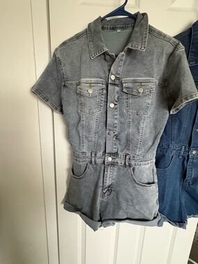 Short Sleeve Washed Denim Romper - Grey